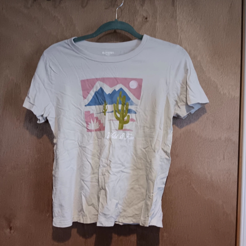 Old Navy Women Cream Graphic T-Shirt In Size Small